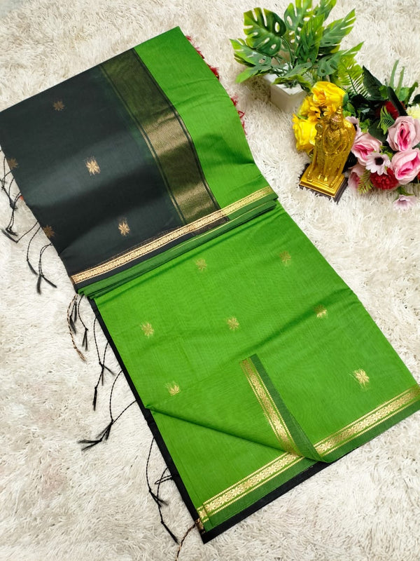 Maheswari Cotton – Parrot Green & Black Zari