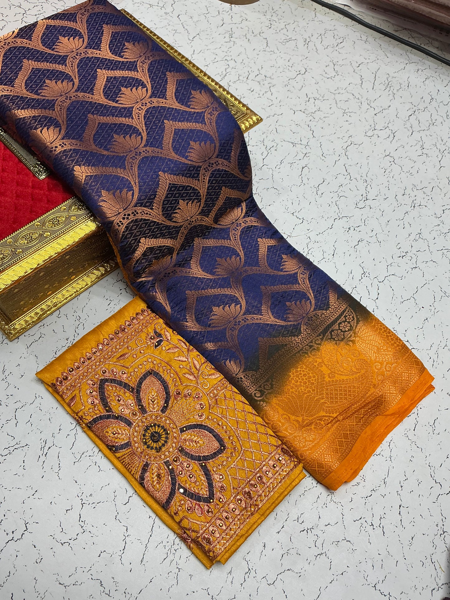Mulberry_Bridal_Saree_Navy_Orange_Lotus