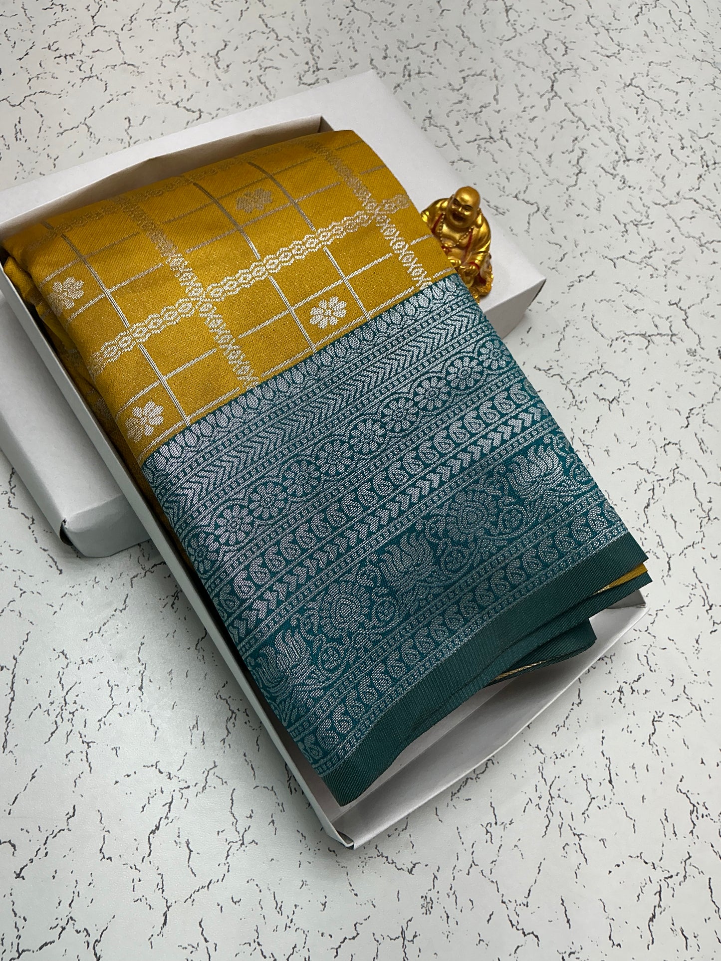 Mustard Checks Bridal Saree with Bottle Green Border
