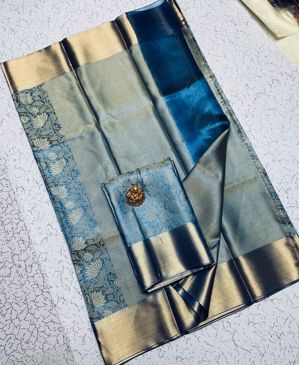 Nita Ambani Inspired - Teal Blue with Contrast Silver Zari