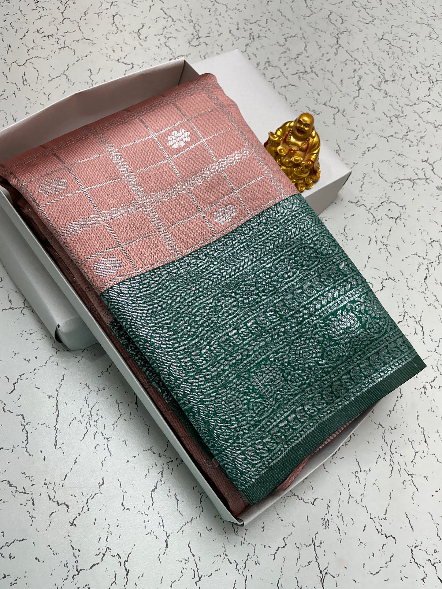 Peach Checks Bridal Saree with Dark Green Border