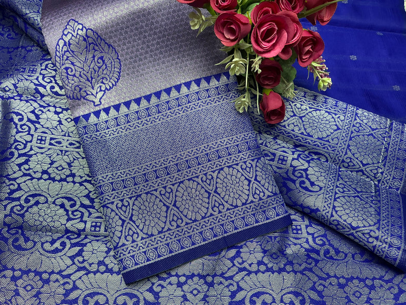 Royal Blue and Lavender Silver Bridal Saree with Paisley Weave