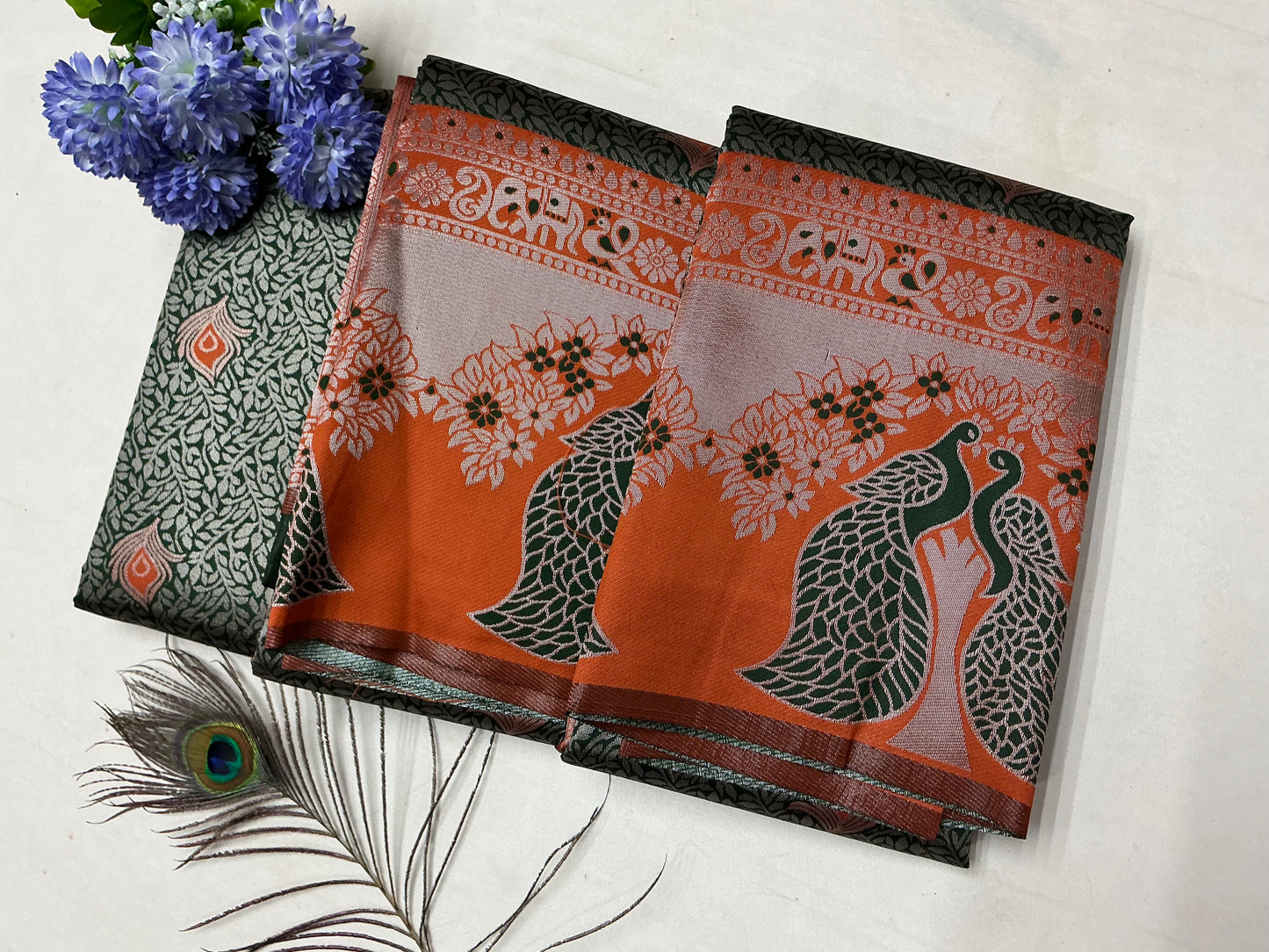 Rust Orange and Silver Bridal Saree with Traditional Peacock Motif