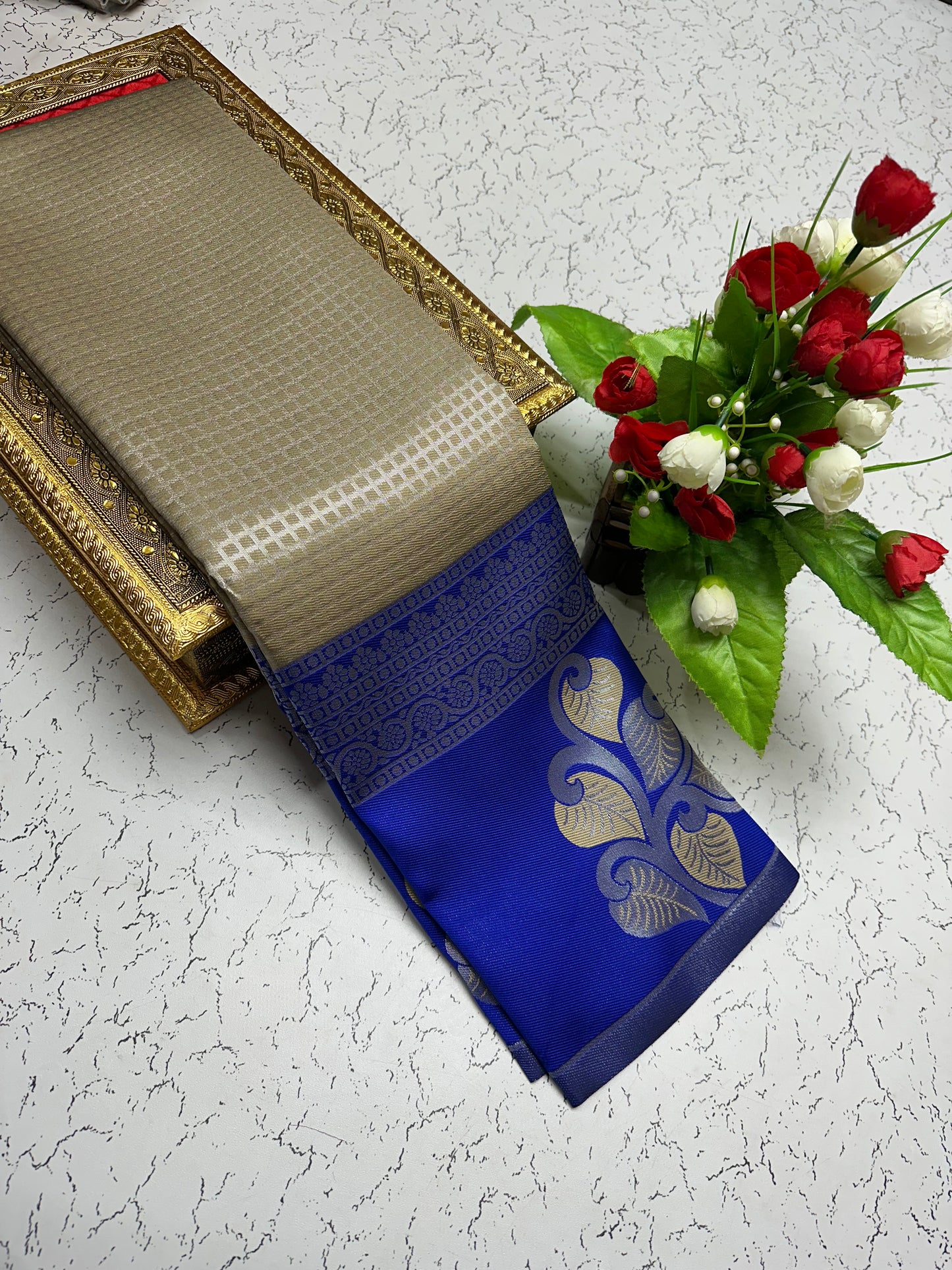 Silk Saree – Cream Beige with Navy Blue Pallu