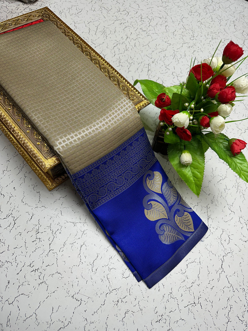 Silk Saree – Cream Beige with Navy Blue Pallu