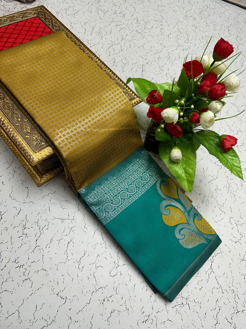 Silk Saree – Gold Mustard with Green Pallu