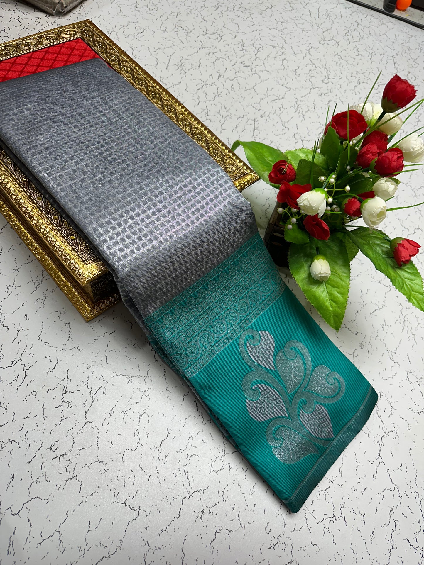 Silk Saree – Grey with Teal Green Pallu