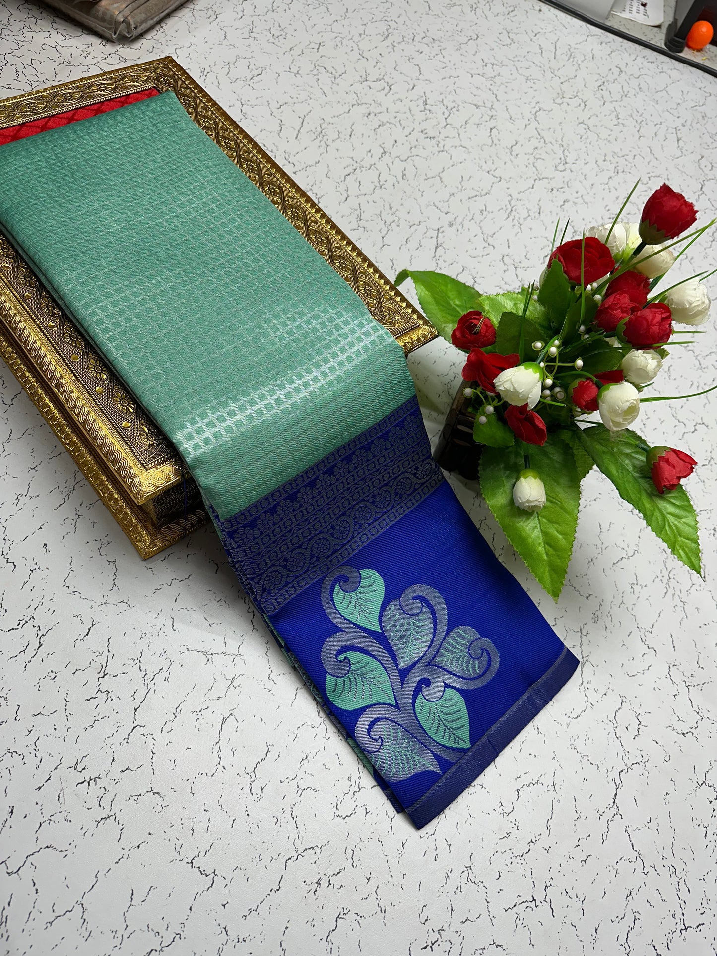 Silk Saree – Mint Green with Navy Blue Pallu