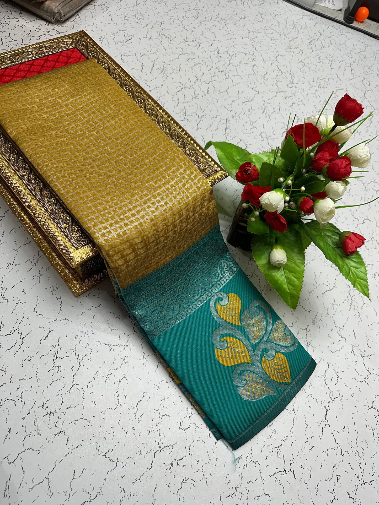 Silk Saree – Mustard with Green Yellow Leaf Pallu
