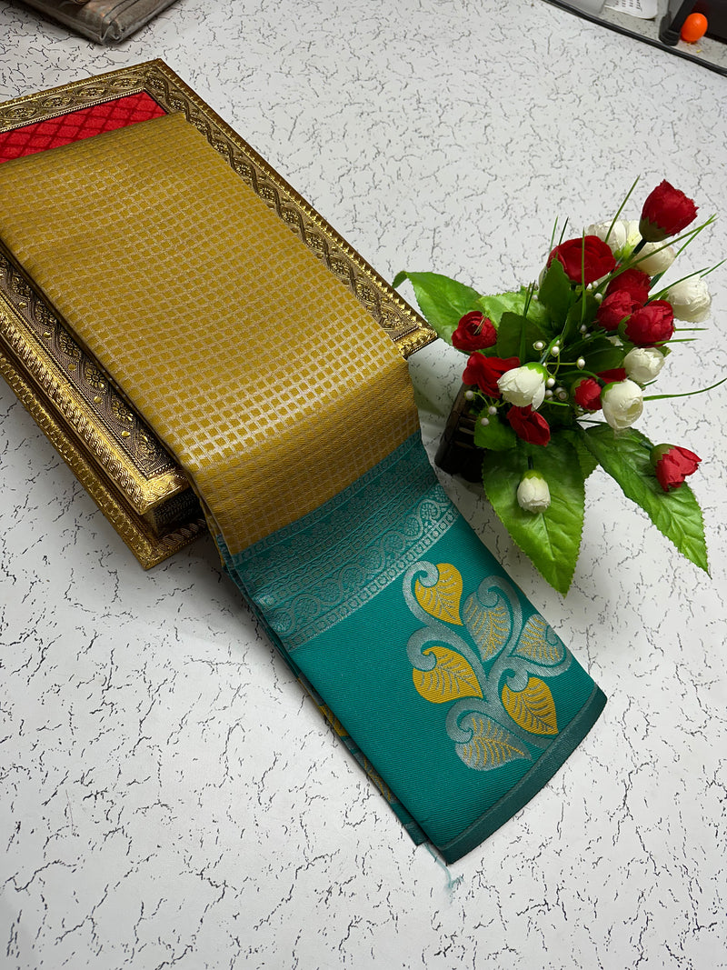 Silk Saree – Mustard with Green Yellow Leaf Pallu