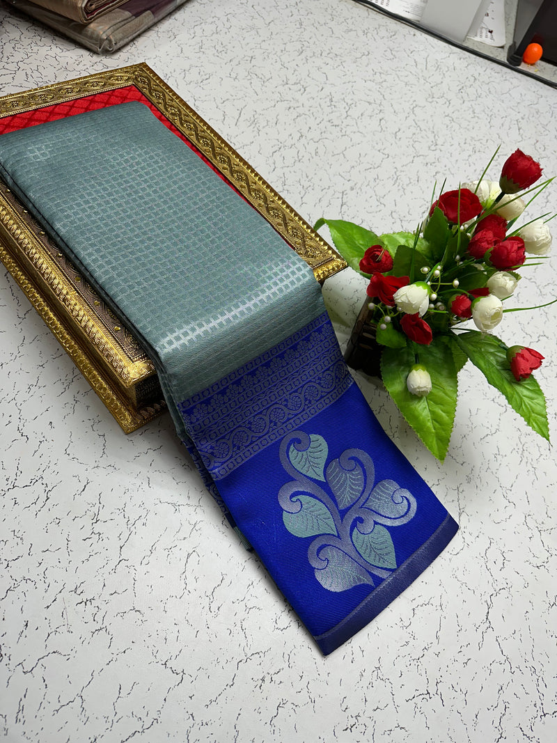 Silk Saree – Teal Grey with Royal Blue Pallu
