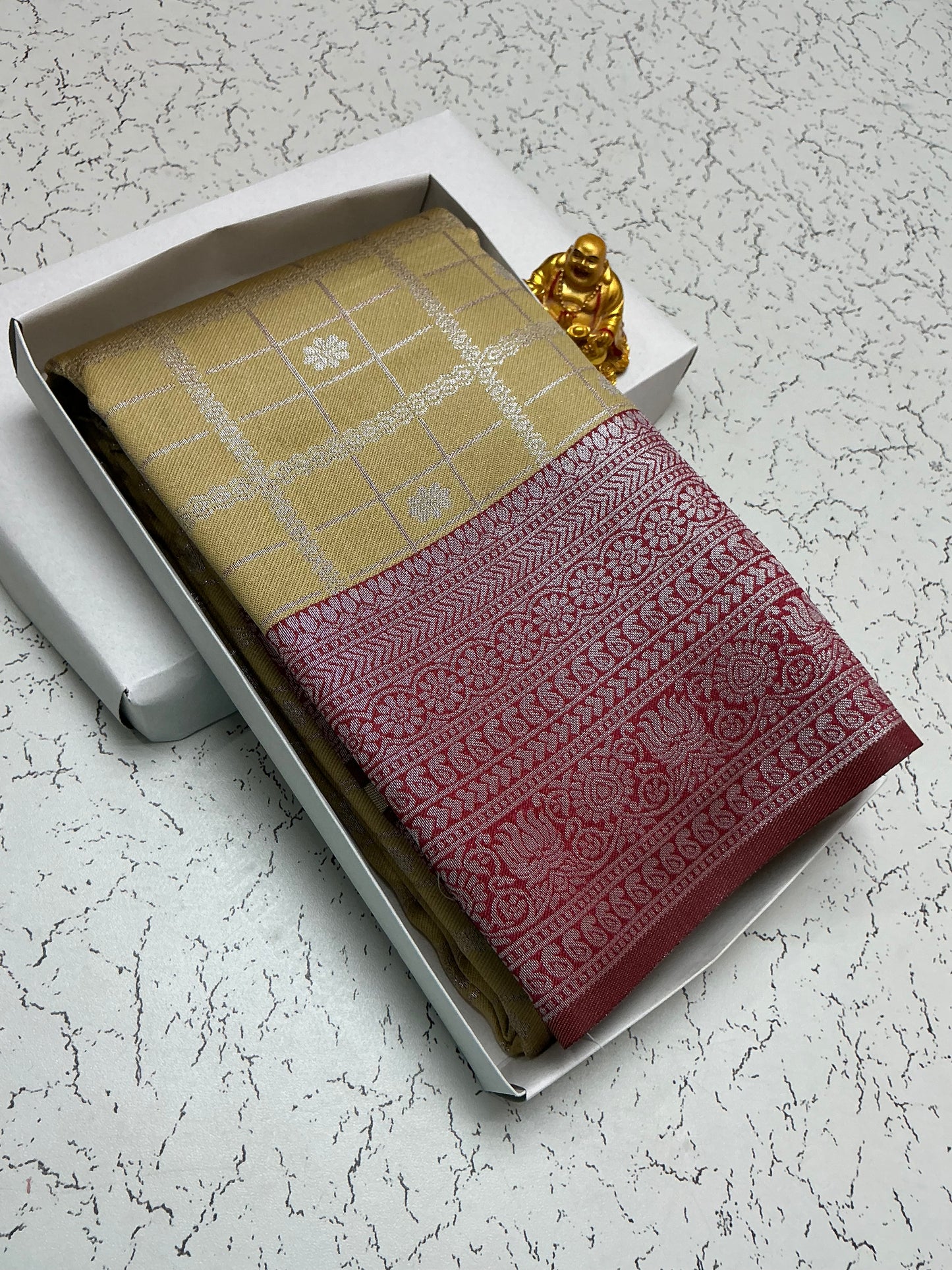 Silver Bridal Sarees with Cream Checked Saree with Red Floral Border