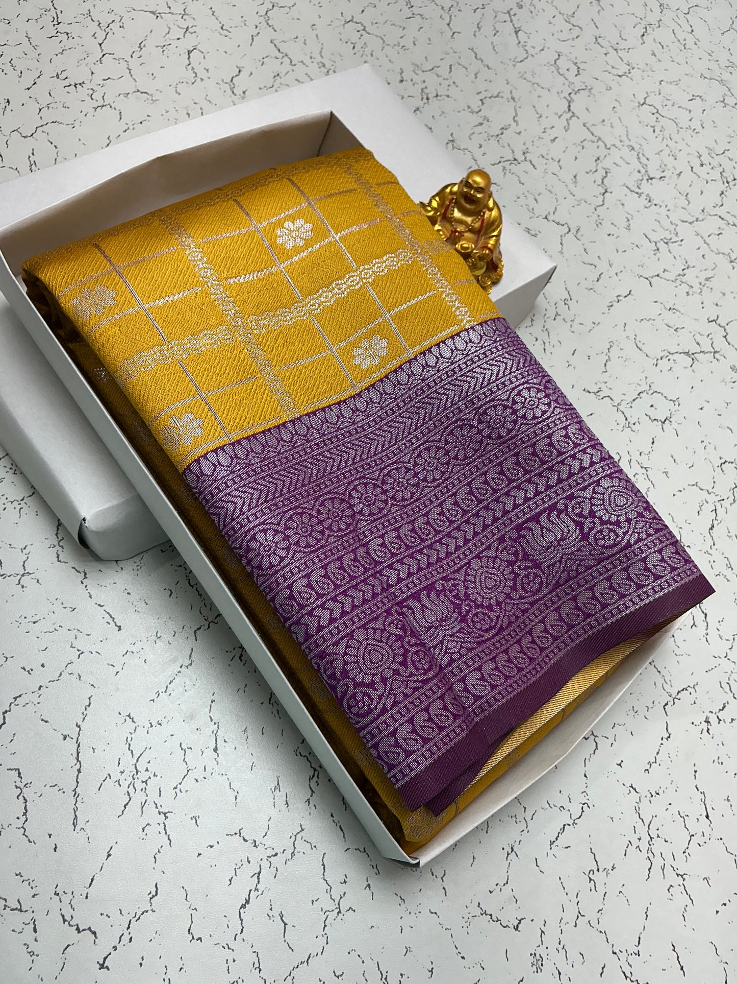 Silver Bridal Sarees with Golden Mustard Saree with Violet Border