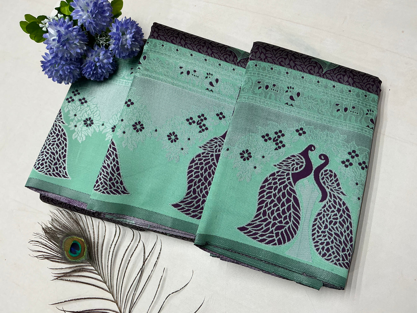 Silver Bridal Sarees with Mint Green Saree with Silver Peacock Motif