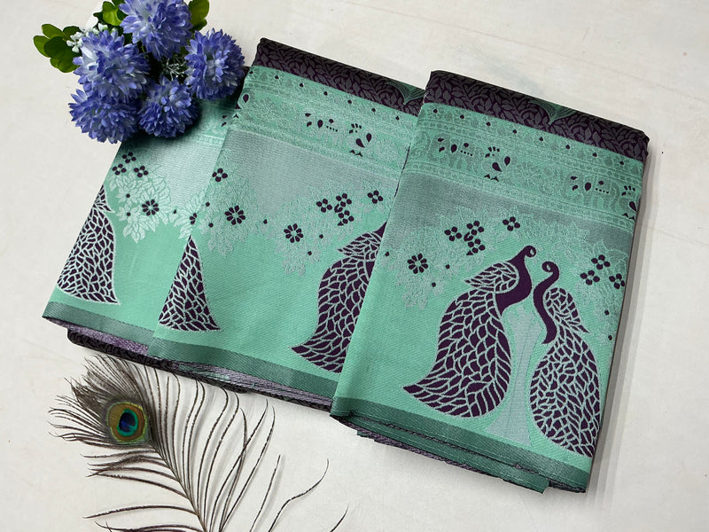 Silver Bridal Sarees with Mint Green Saree with Silver Peacock Motif