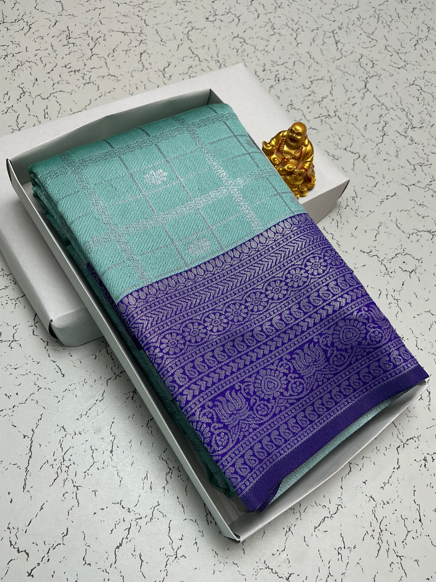 Silver Bridal Saree with Aqua Blue Body and Violet Floral Motif