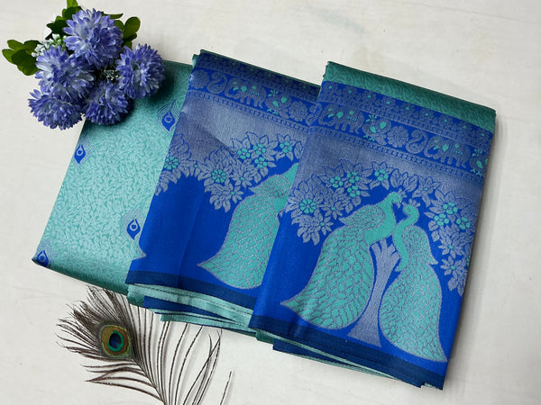 Silver Bridal Saree with Blue Body and Aqua Peacock Motif