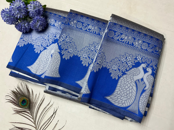 Silver Bridal Saree with Blue Body and Silver Peacock Motif