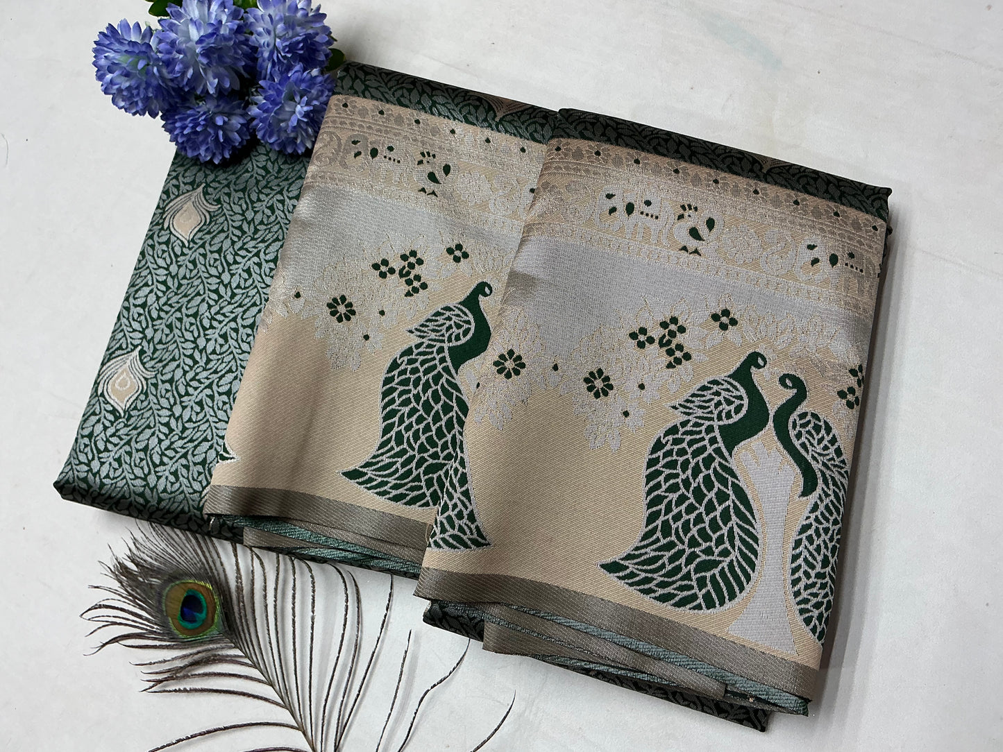 Silver Bridal Saree with Bottle Green and Beige Peacock Pattern
