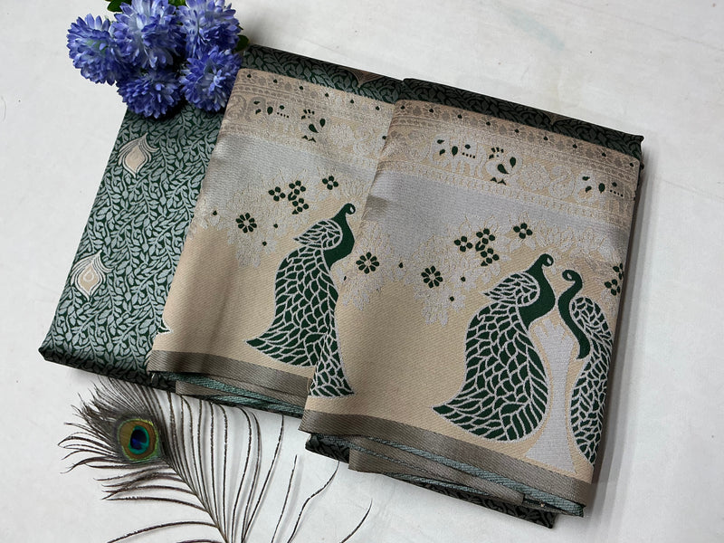 Silver Bridal Saree with Bottle Green and Beige Peacock Pattern
