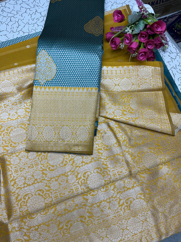 Silver Bridal Saree with Golden Body and Sky Blue Pallu