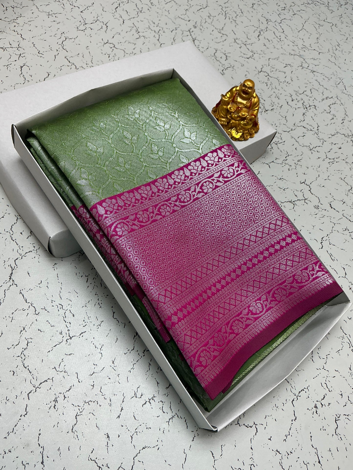 Silver Bridal Saree with Green Floral Body and Pink Border