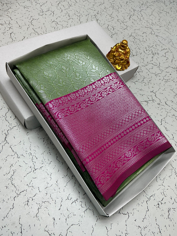 Silver Bridal Saree with Green Floral Body and Pink Border