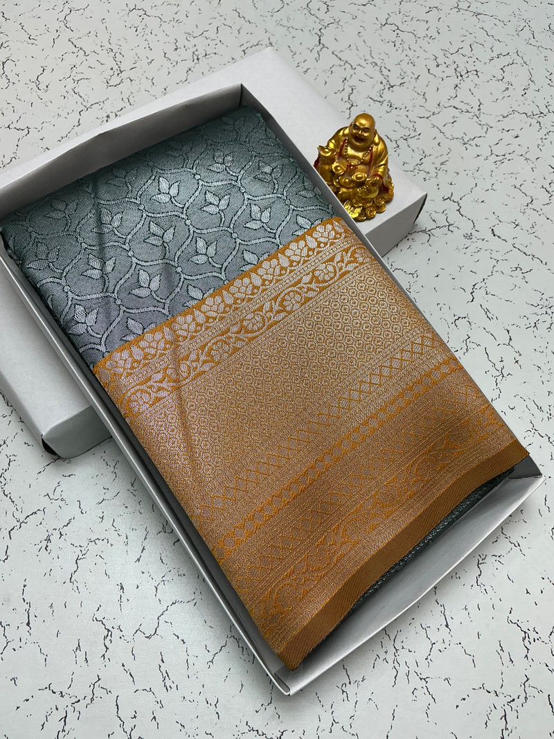 Silver Bridal Saree with Grey Body and Golden Mustard Border