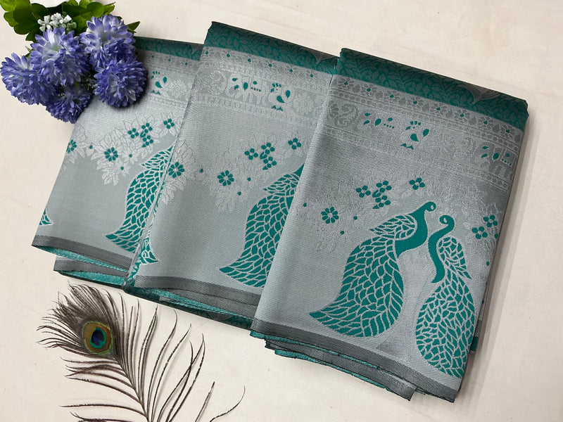 Silver Bridal Saree with Ice Blue Body and Peacock Blue Motif
