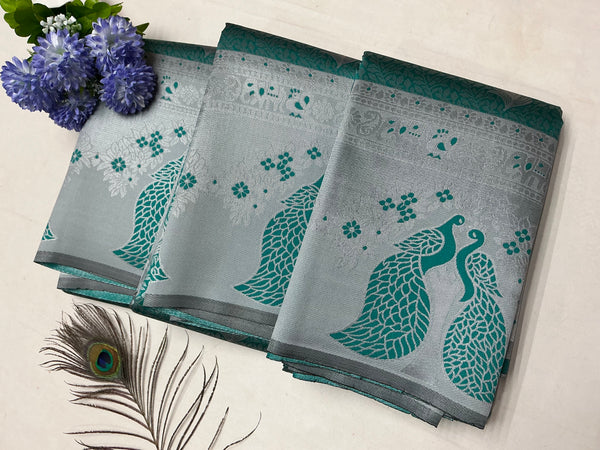 Silver Bridal Saree with Ice Blue Body and Peacock Blue Motif