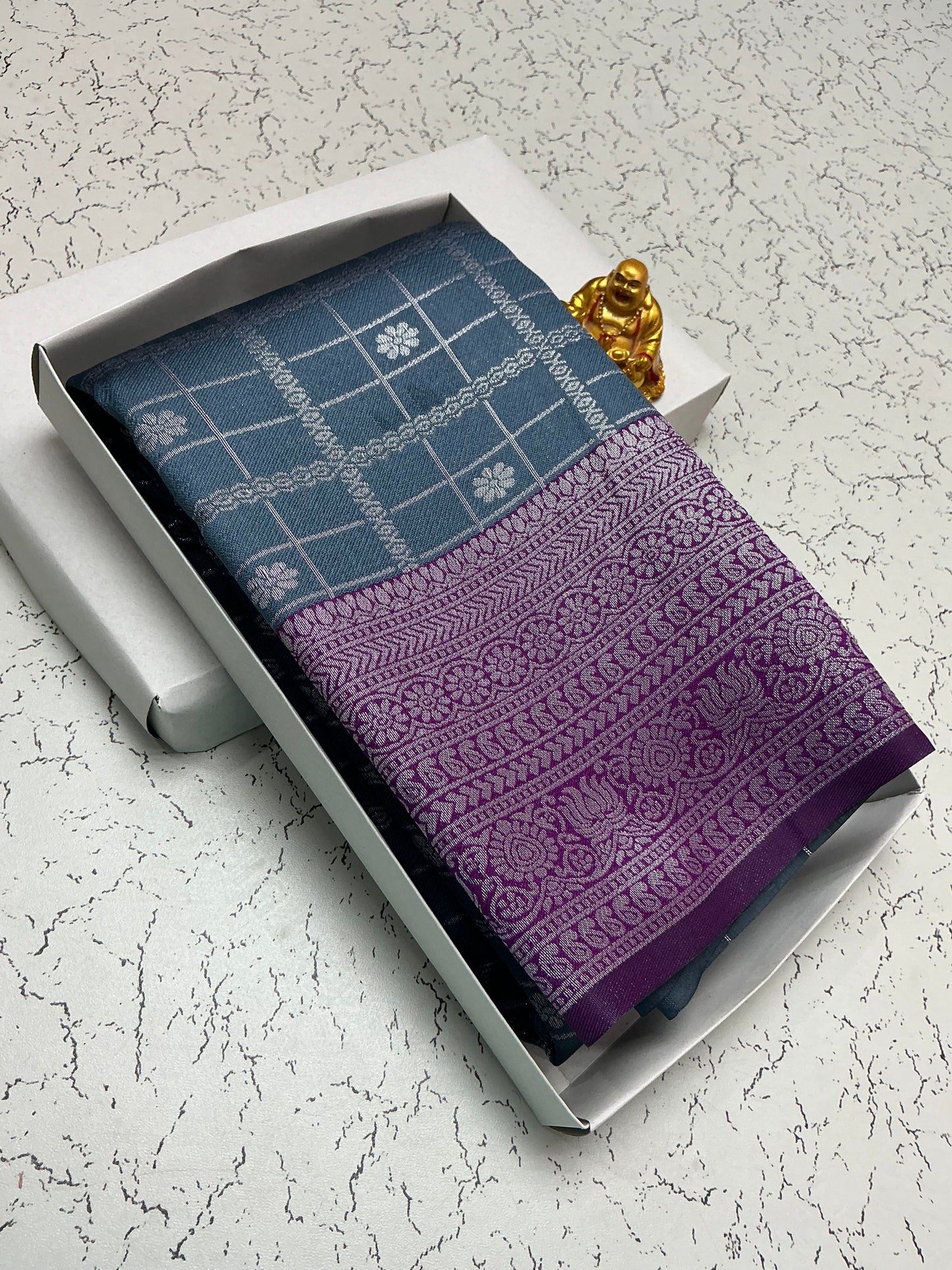 Silver Bridal Saree with Indigo Checks and Violet Border