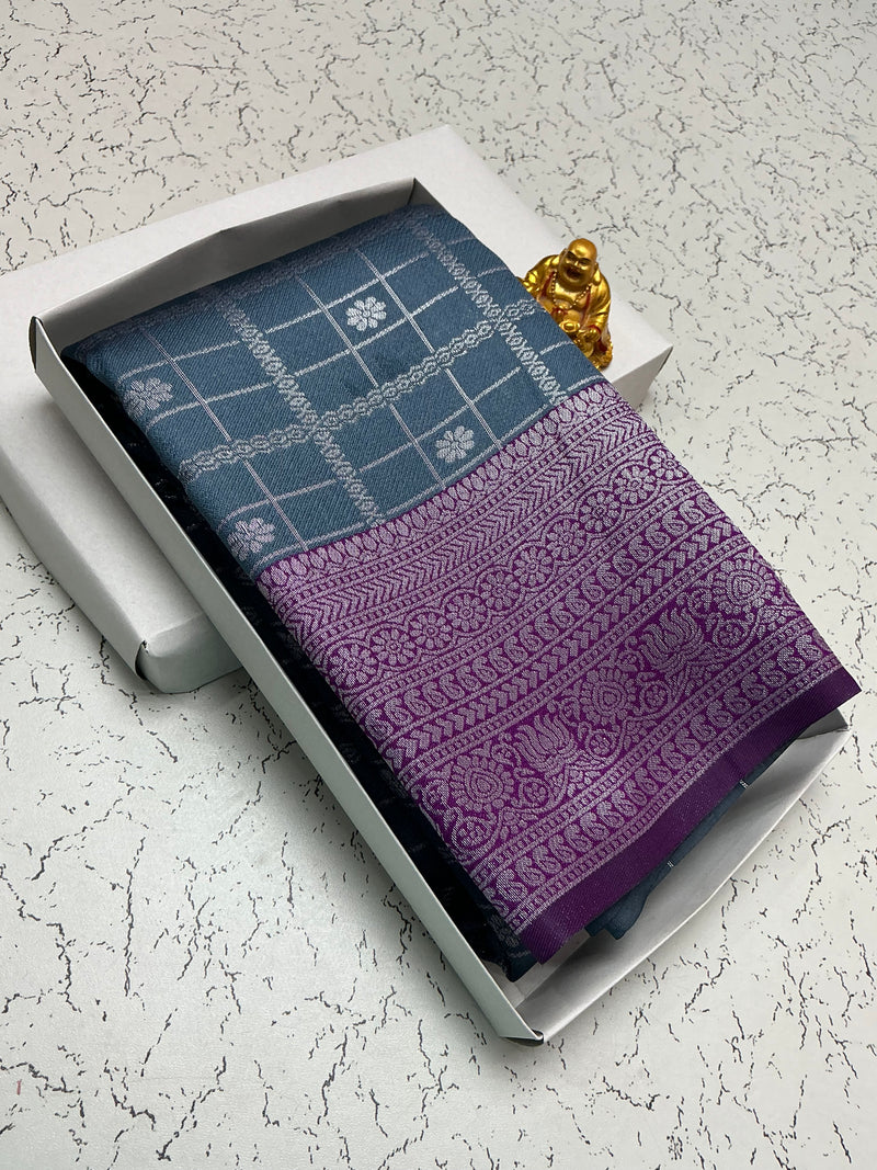 Silver Bridal Saree with Indigo Checks and Violet Border