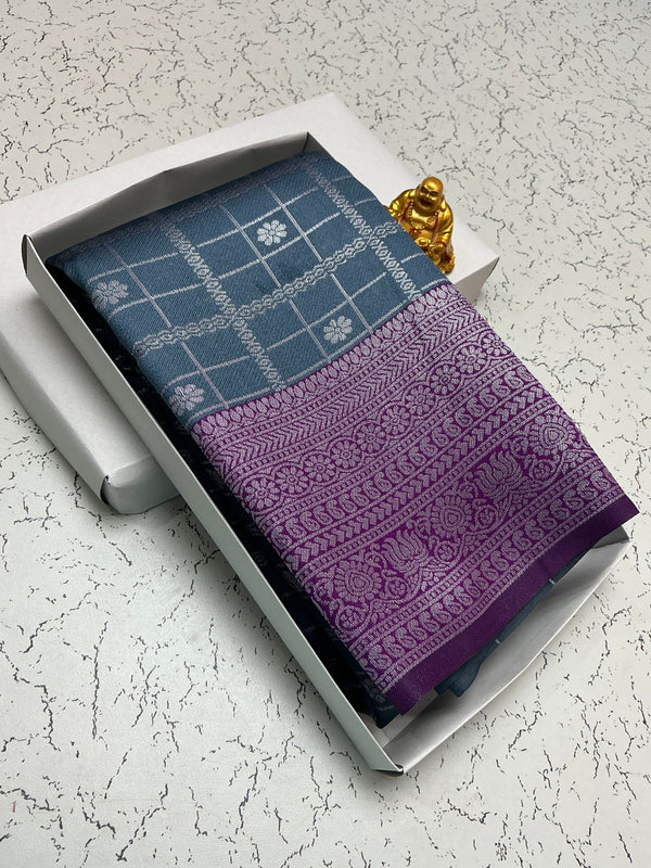 Silver Bridal Saree with Indigo Checks and Violet Border