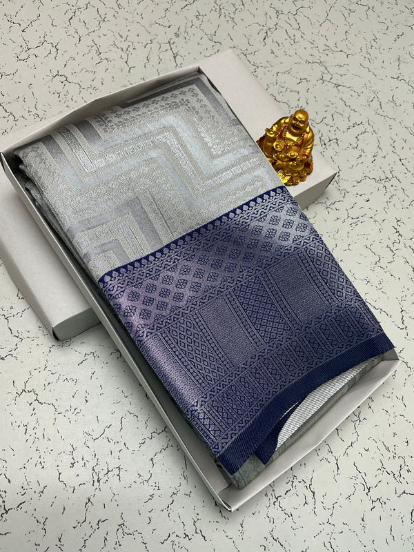 Silver Bridal Saree with Lavender Zigzag and Navy Border