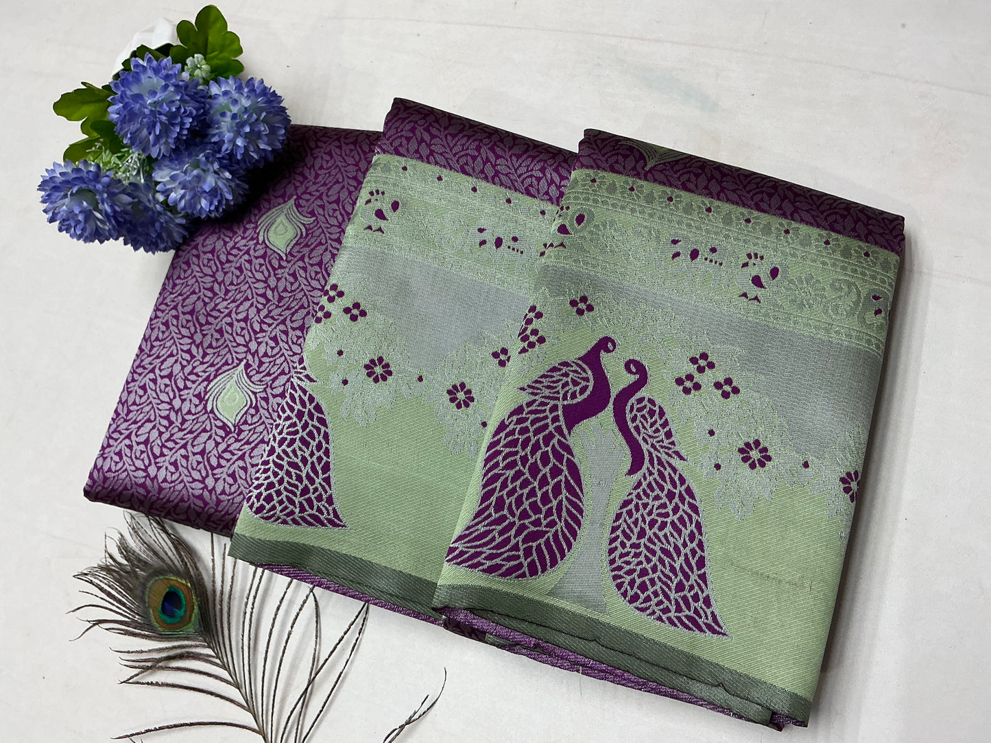 Silver Bridal Saree with Light Green Body and Maroon Peacock Motif