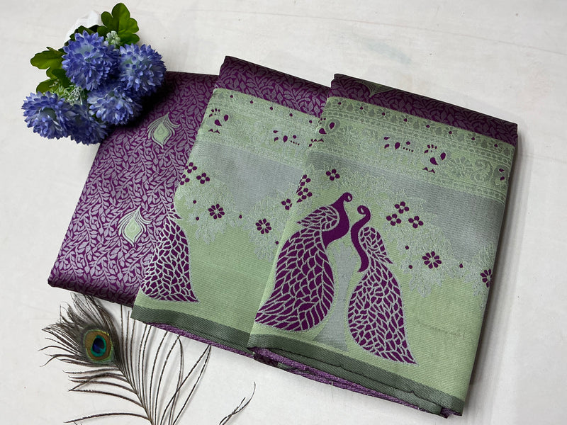 Silver Bridal Saree with Light Green Body and Maroon Peacock Motif