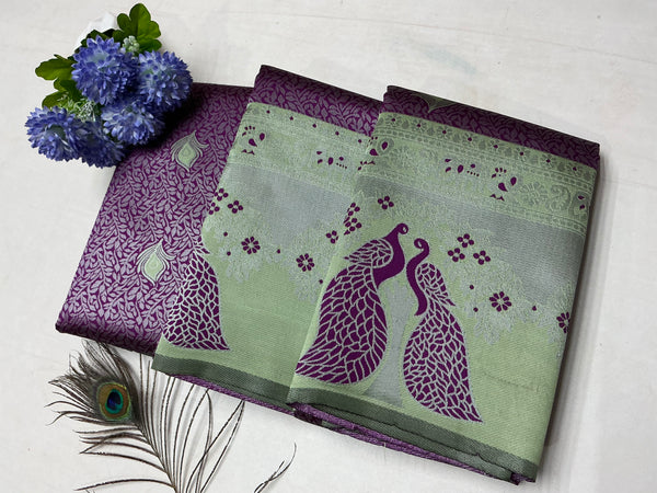 Silver Bridal Saree with Light Green Body and Maroon Peacock Motif