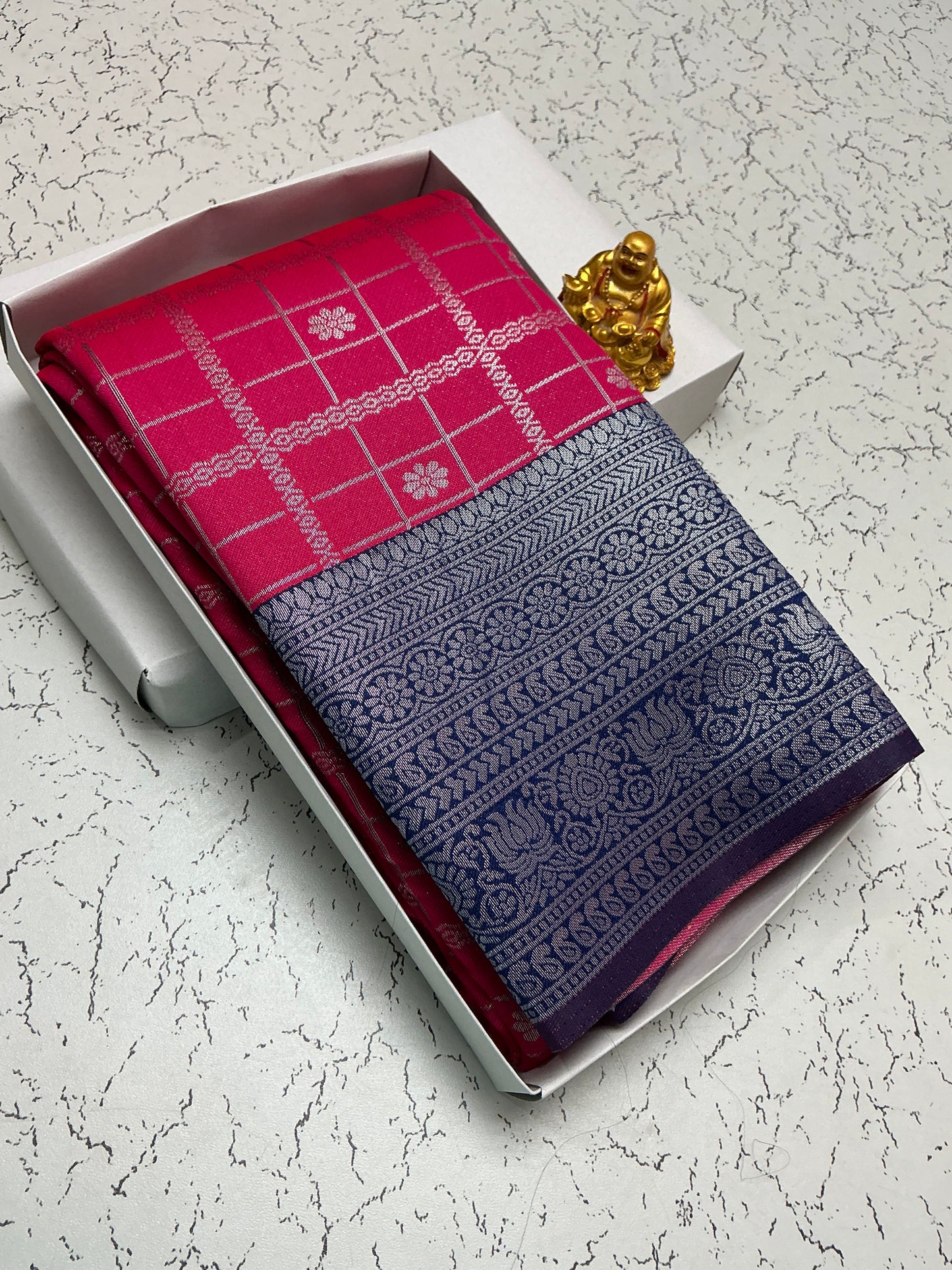 Silver Bridal Saree with Magenta Checks and Indigo Floral Border