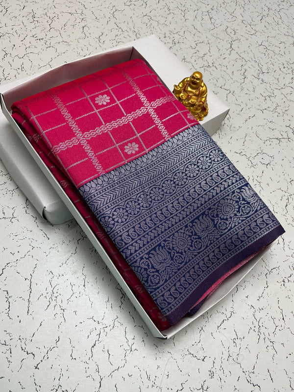 Silver Bridal Saree with Magenta Checks and Indigo Floral Border