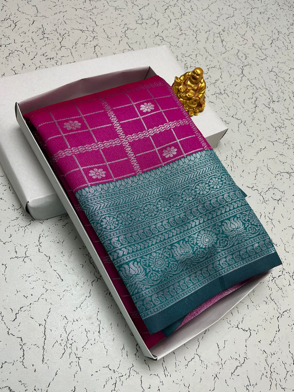 Silver Bridal Saree with Magenta Checks and Peacock Green Border