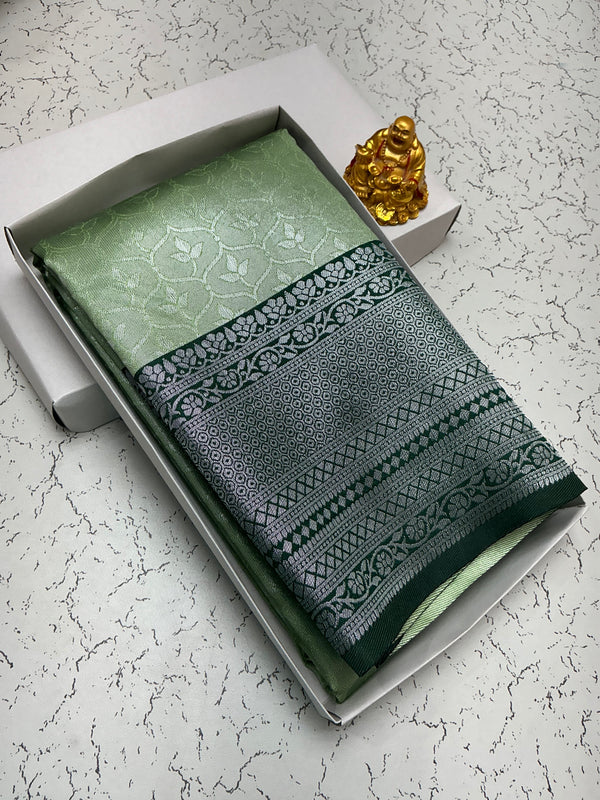 Silver Bridal Saree with Mint Green Floral Body and Bottle Green Border