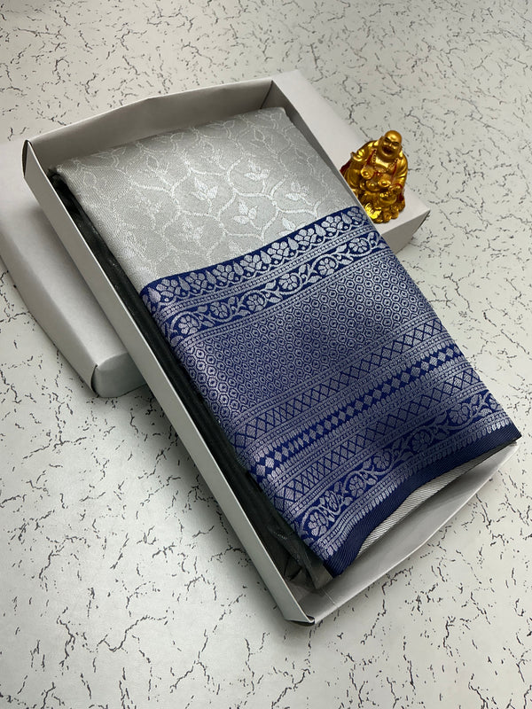 Silver Bridal Saree with Navy Blue Temple Border
