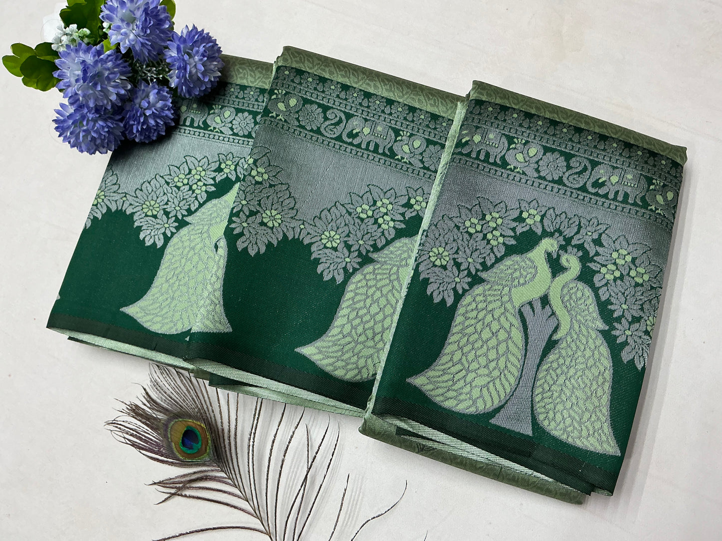 Silver Bridal Saree with Olive Green Body and Dark Green Peacock Motif