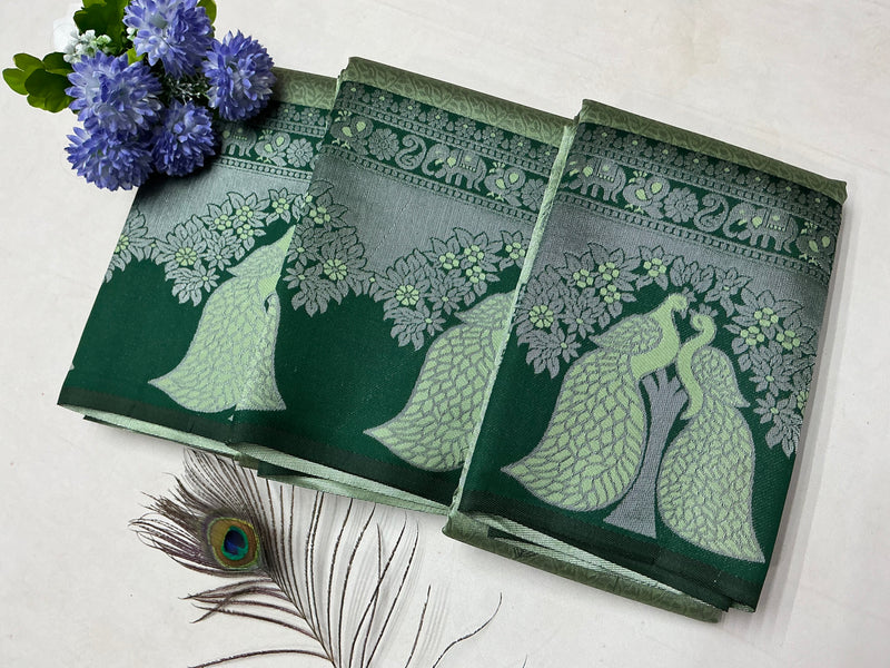 Silver Bridal Saree with Olive Green Body and Dark Green Peacock Motif
