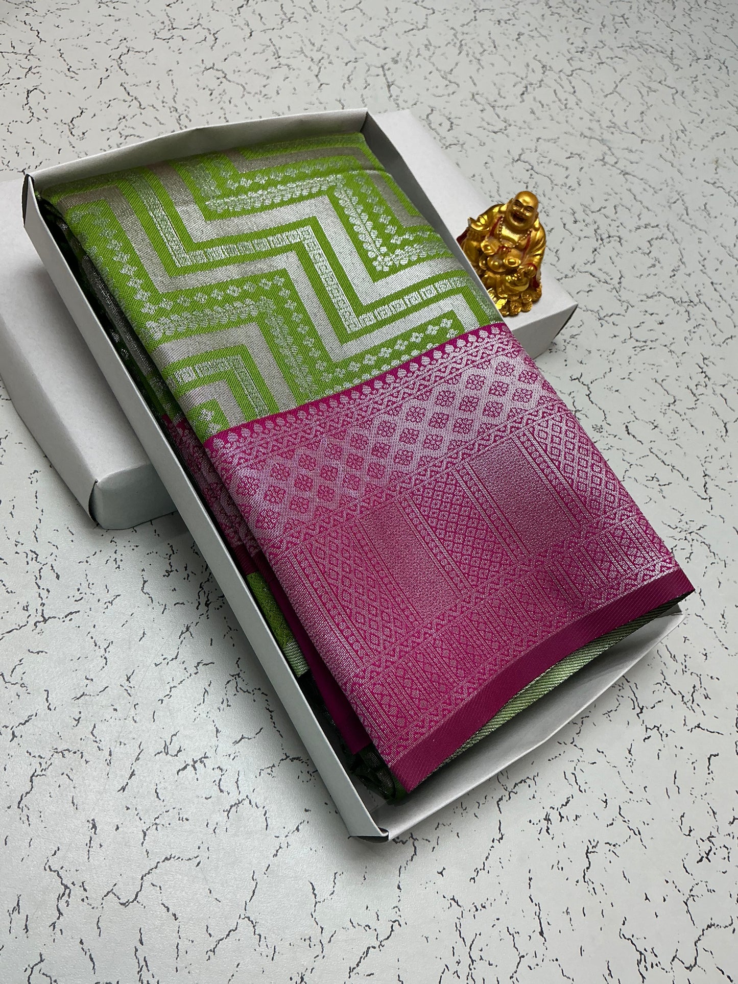 Silver Bridal Saree with Parrot Green Zigzag and Pink Border