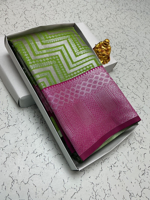 Silver Bridal Saree with Parrot Green Zigzag and Pink Border