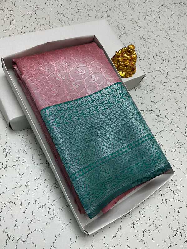 Silver Bridal Saree with Pink Floral Body and Teal Border