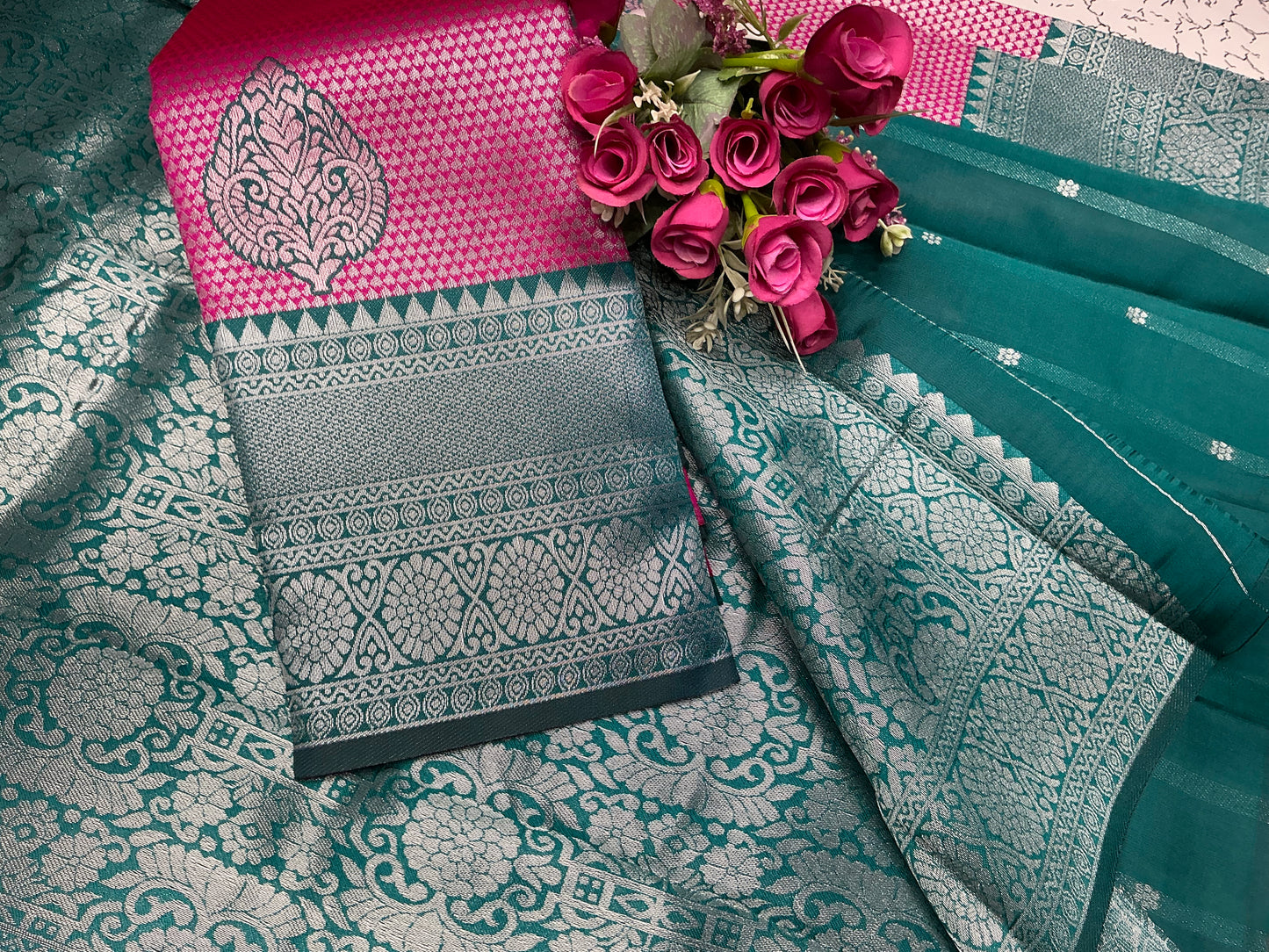 Silver Bridal Saree with Pink Floral Pallu and Grey Intricate Zari Border