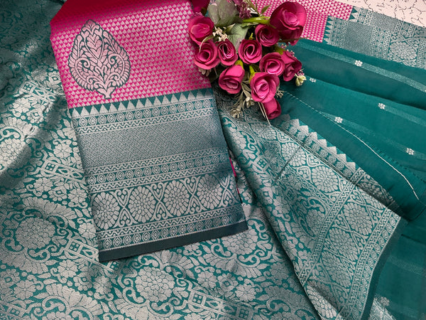 Silver Bridal Saree with Pink Floral Pallu and Grey Intricate Zari Border