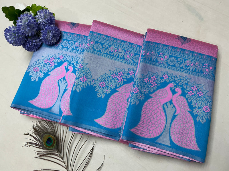 Silver Bridal Saree with Pink and Blue Ombre and White Peacock Motif
